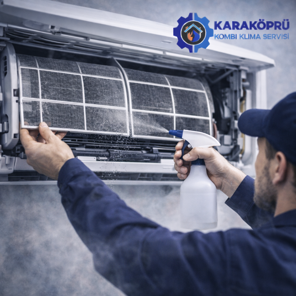 Karaköprü klima bakımı sırasında split klima filtre temizliği ve dezenfeksiyon işlemi