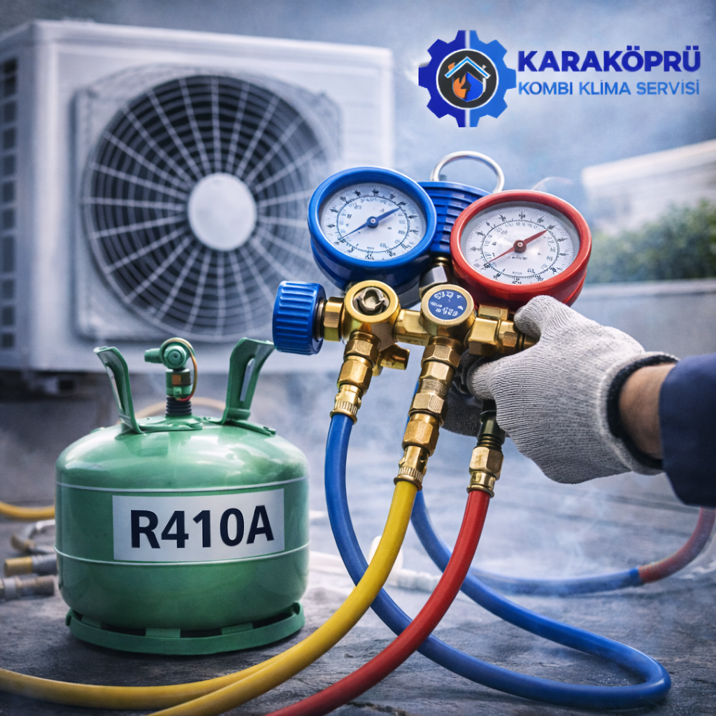 Karaköprü klima gaz dolumu hizmetinde R410A gaz tüpü ve manifold saatleri ile gaz basınç ölçümü