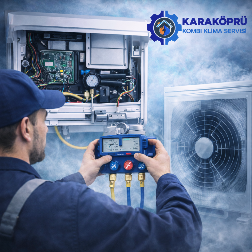 Karaköprü klima teknik servisi teknisyeni split klima iç ünitesinde arıza ve gaz kontrolü yaparken