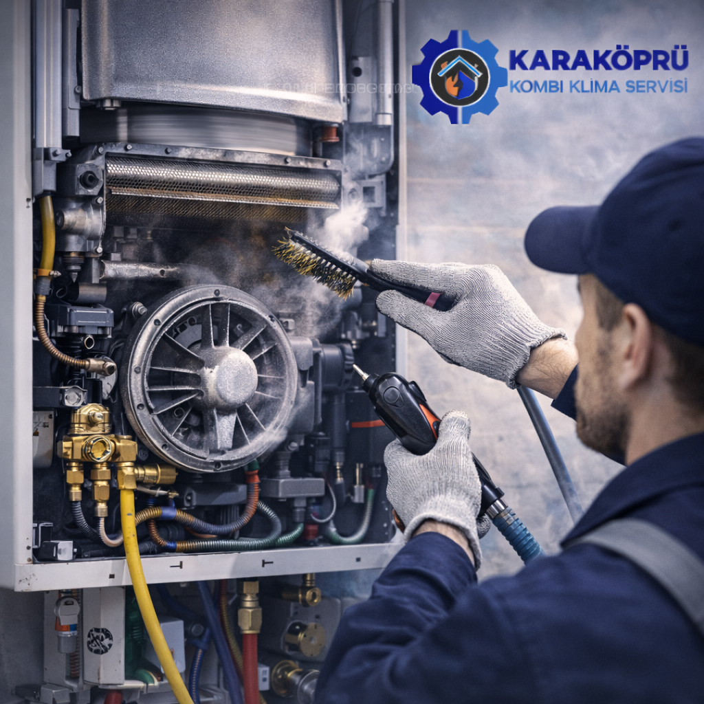 Karaköprü kombi bakımı sırasında fan ve eşanjör temizliği yapan teknik servis uzmanı