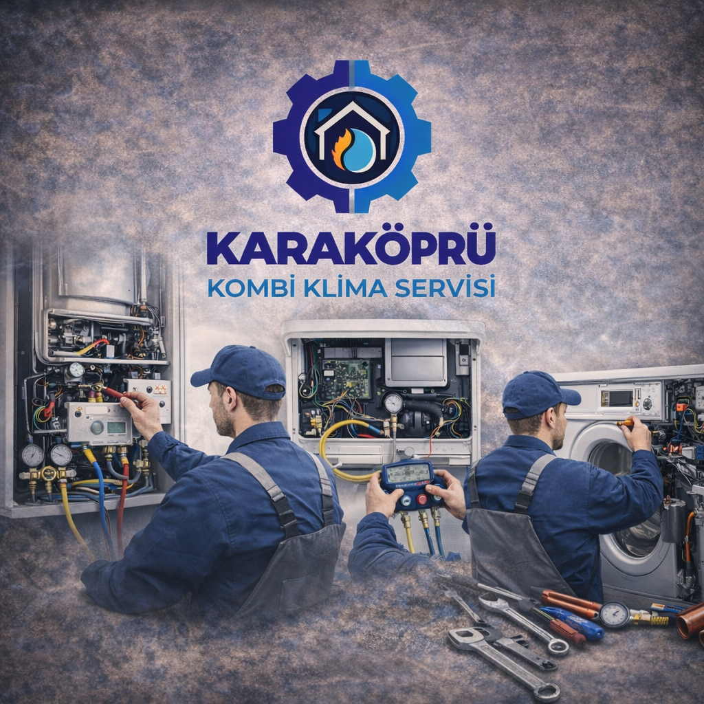 Karaköprü Teknik kombi, klima ve beyaz eşya teknik servis ekibi kombi, klima ve çamaşır makinesi üzerinde bakım ve onarım çalışması yaparken